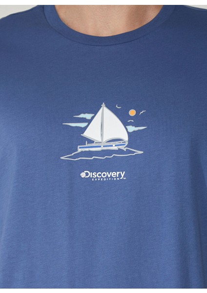 Bisiklet Yaka Baskılı Lacivert Erkek T-Shirt Yelken fırsatları