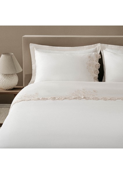 Amanda Battal Boy Nevresim Takımı Organik Pamuk Keten Dantelliı Krem 240X220CM