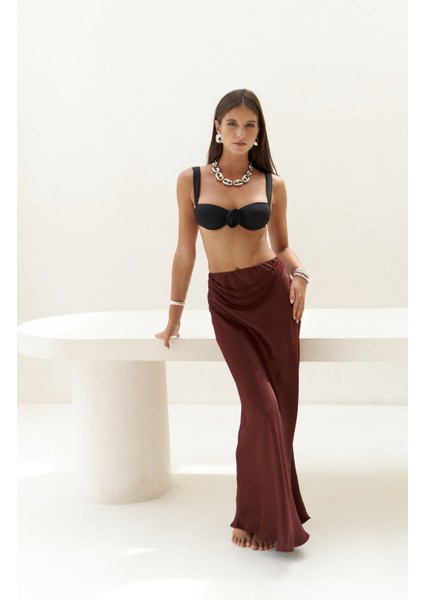 Muirnas Askı Detay Bordo Uzun Saten Etek