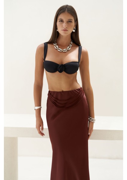 Muirnas Askı Detay Bordo Uzun Saten Etek