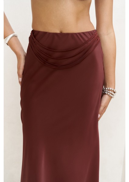 Muirnas Askı Detay Bordo Uzun Saten Etek