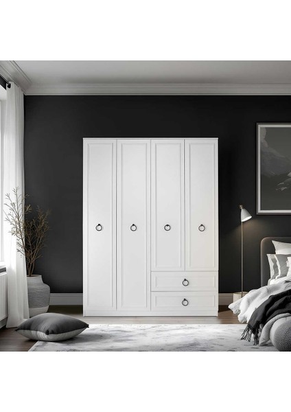 Hampton 4 Kapaklı 2 Çekmeceli Gardırop-Mat Beyaz 140X185X52 cm (Gxyxd)