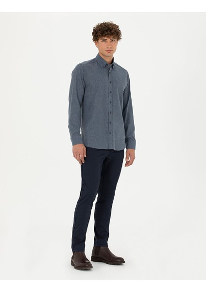 Lacivert Armürlü Slim Fit Kanvas Pantolon