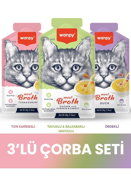 Kediler Için Çorba Seti 3X50GR (Ton,karides-Tavuk,balkabağı,havuç-Ördek)