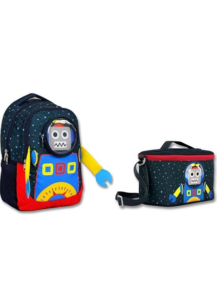 Cennec Lacivert Robot Ilkokul Sırt Çantası ve Beslenme Seti - Erkek Çocuk