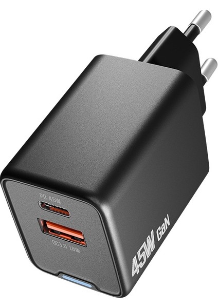 HY-XEG45 Type USB-C 45W PD + 18W USB QC 3.0 GAN Siyah Hızlı Ev Şarj Adaptörü