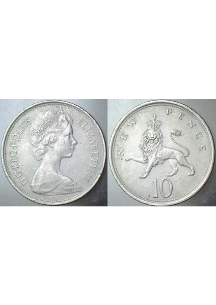 Ingiltere 10 Pence 1975. Kraliçe Iı. Elizabeth Genç Büst. 28,5 mm Çapında Bakır-Nikel Para.