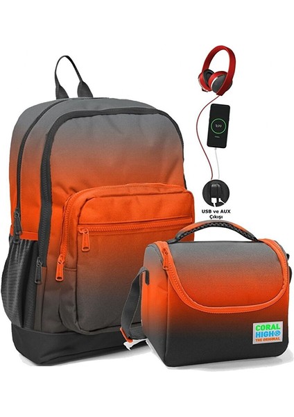 Okul Çantası ve Beslenme Çanta Seti - USB Soketli - Siyah Turuncu Gradyan Erkek Çocuk