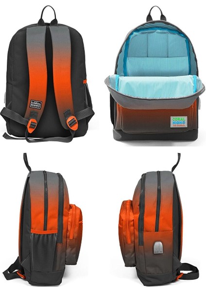 Okul Çantası ve Beslenme Çanta Seti - USB Soketli - Siyah Turuncu Gradyan Erkek Çocuk fiyatları