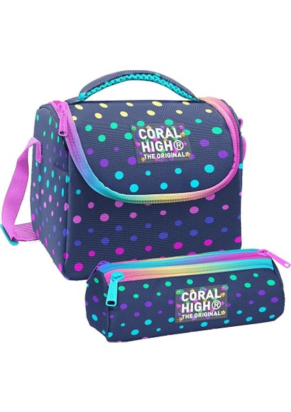 Kız Çocuk Puantiyeli Lacivert Thermo Beslenme Çantası ve Üç Bölmeli Kalemlik Seti