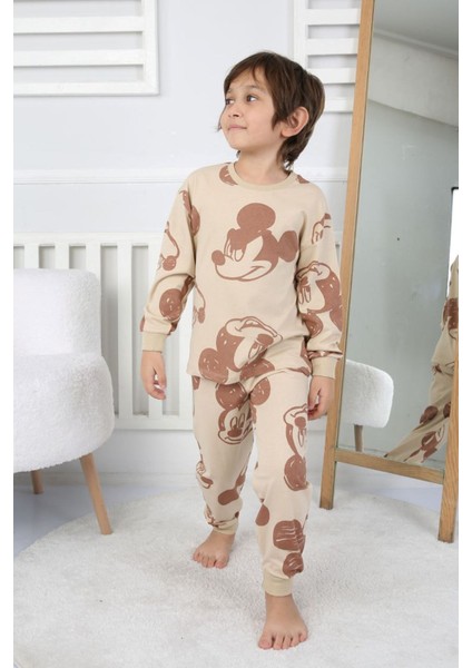 Isob Bej Mickey Mause Desenli %100 Pamuk Erkek Çocuk Pijama Takımı 3-8 Yaş 31233-B
