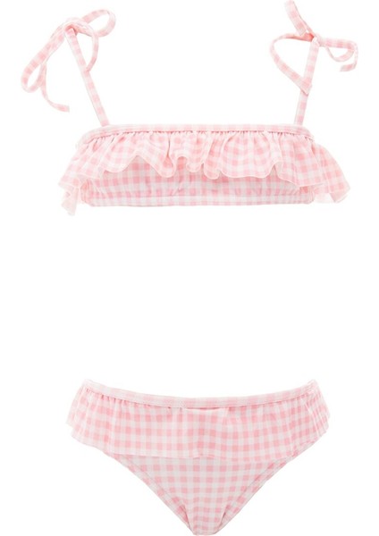 Pembe Volanlı ve Kareli Bikini
