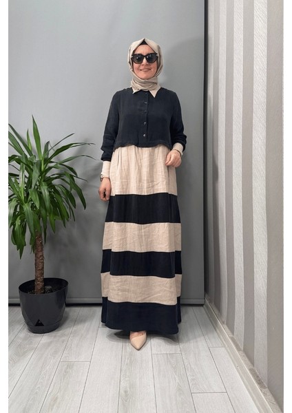 Cupro Keten Iki Renk Elbise Siyah T25Y-4107