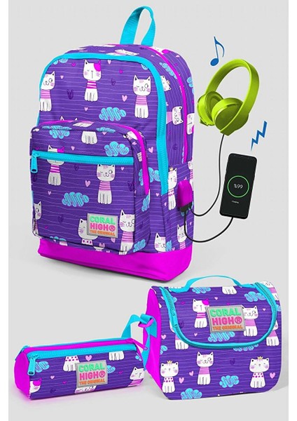 Mor Kedi Desenli Okul Çanta Seti - Kız Çocuk