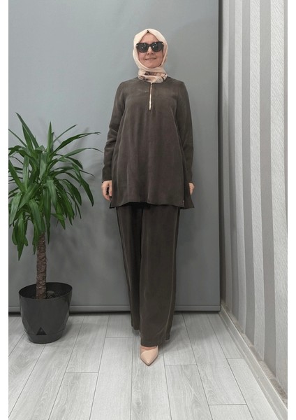 Yakası Fermuarlı Cupro Tunik Kahve T25Y-6061