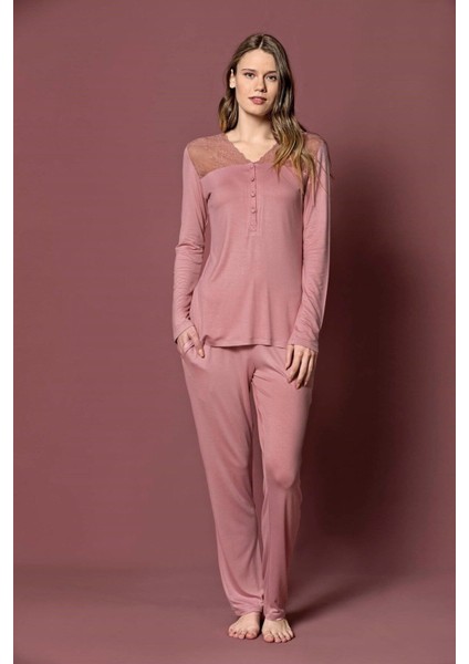 19215 Kadın Pembe Uzun Kollu Pijama Takım