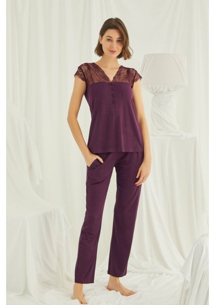 Kadın Bordo Kısa Kollu Pijama Takım 18420