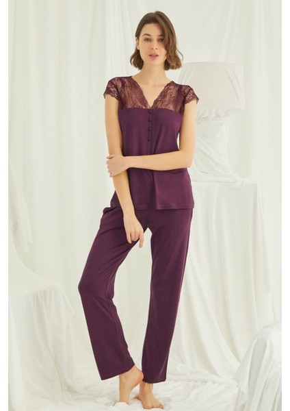 Kadın Bordo Kısa Kollu Pijama Takım 18420