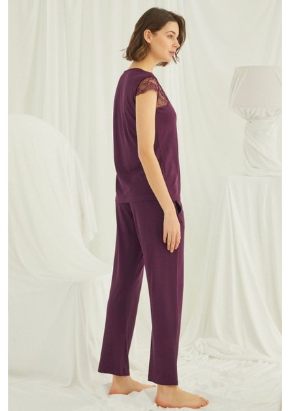 Kadın Bordo Kısa Kollu Pijama Takım 18420