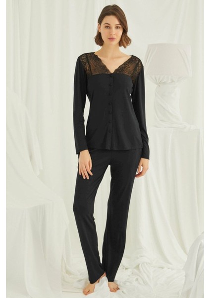 Kadın Siyah Uzun Kollu Pijama Takım 18426
