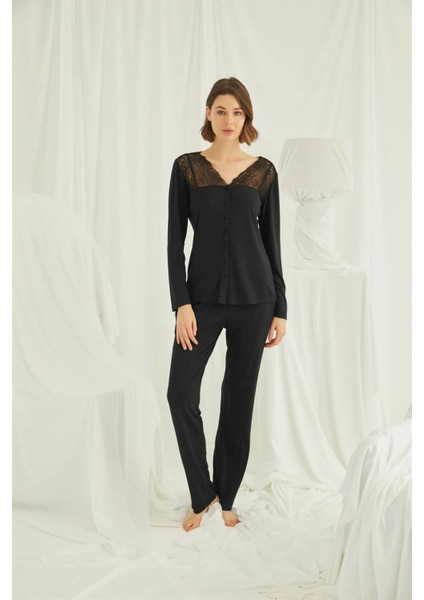 Kadın Siyah Uzun Kollu Pijama Takım 18426 fiyatları