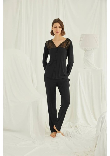 Kadın Siyah Uzun Kollu Pijama Takım 18426 fırsatları