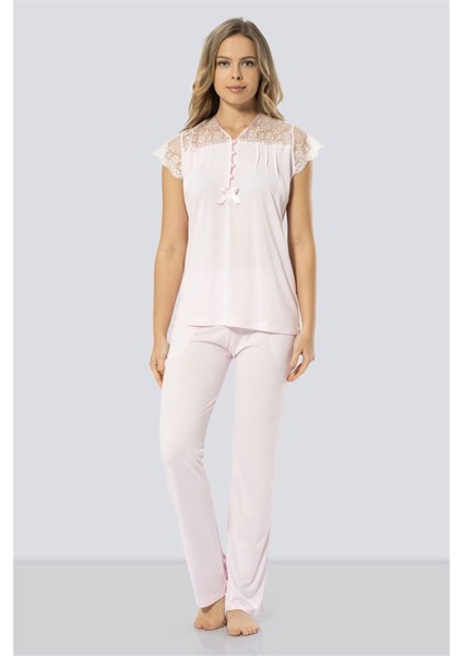 Kadın Pembe Dantelli Pijama Takımı 3197