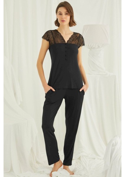 Kadın Siyah Kısa Kollu Pijama Takım 18422