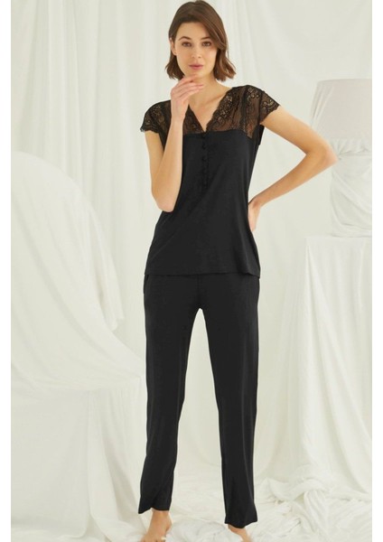 Kadın Siyah Kısa Kollu Pijama Takım 18422 fiyatları