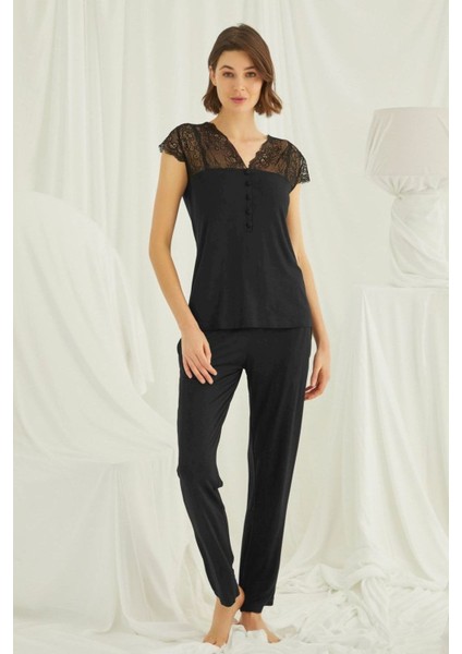 Kadın Siyah Kısa Kollu Pijama Takım 18422 modelleri