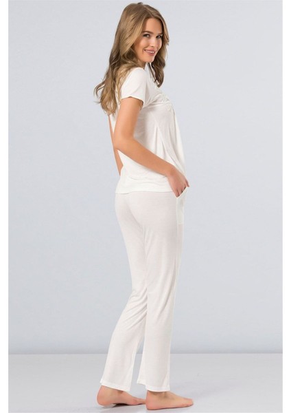 Kadın Ekru Yakası Düğmeli Pijama Takımı 3236 modelleri