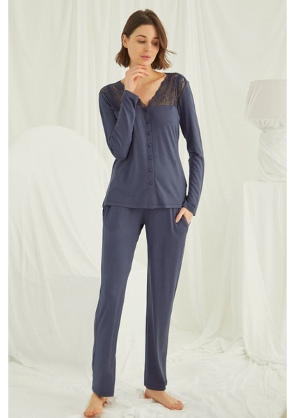 Kadın Lacivert Uzun Kollu Pijama Takım 18209 modelleri