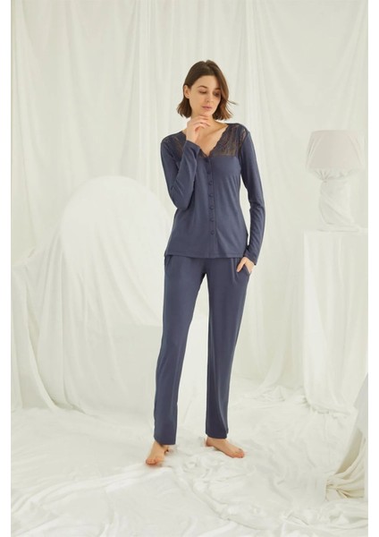 Kadın Lacivert Uzun Kollu Pijama Takım 18209 fırsatları