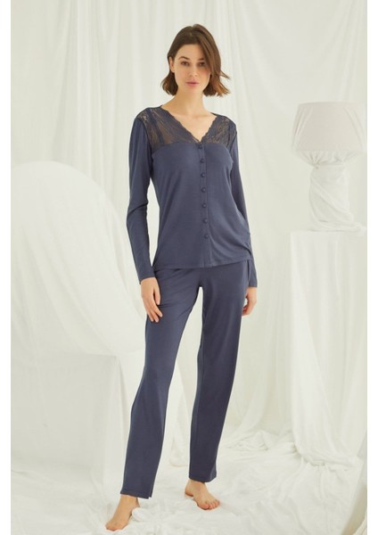 Kadın Lacivert Uzun Kollu Pijama Takım 18209 indirimleri