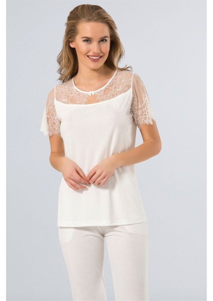 Kadın Ekru Dantelli Kısa Kol Pijama 3279 fiyatları