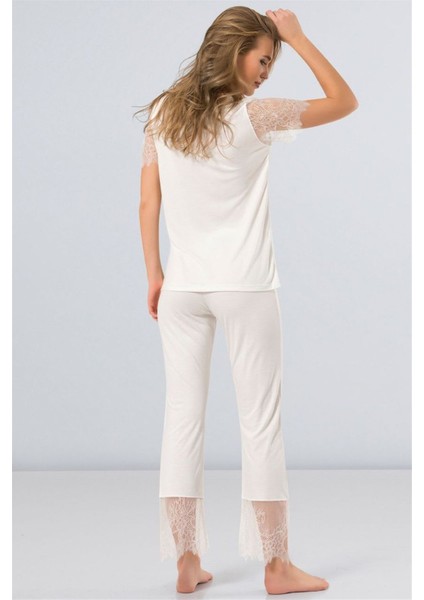 Kadın Ekru Dantelli Kısa Kol Pijama 3279 modelleri