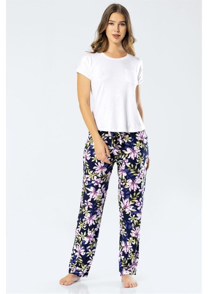 3336 Kadın Dokuma Çiçekli Kısa Kollu Pijama Takım Lacivert