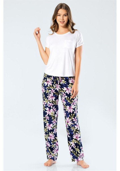 3336 Kadın Dokuma Çiçekli Kısa Kollu Pijama Takım Lacivert fiyatları