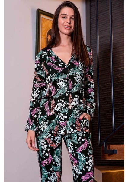 20043 Kadın Siyah Desenli Uzun Kol Pijama Takım