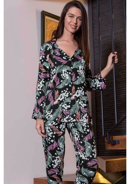 20043 Kadın Siyah Desenli Uzun Kol Pijama Takım