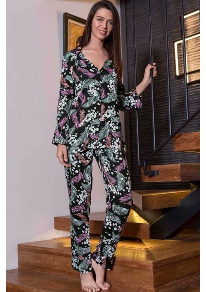 20043 Kadın Siyah Desenli Uzun Kol Pijama Takım