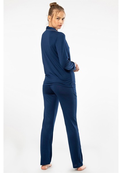 3365 Lacivert Kadın Düz Uzun Kollu Gömlek Yaka Pijama Takım fırsatları