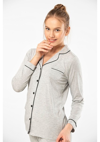 3365 Gri Kadın Düz Uzun Kollu Gömlek Yaka Pijama Takım