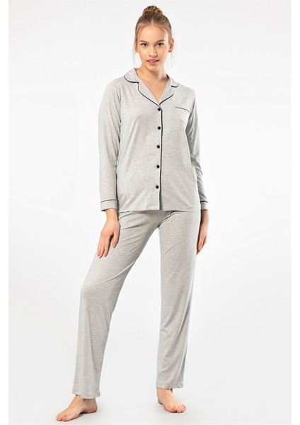 3365 Gri Kadın Düz Uzun Kollu Gömlek Yaka Pijama Takım modelleri