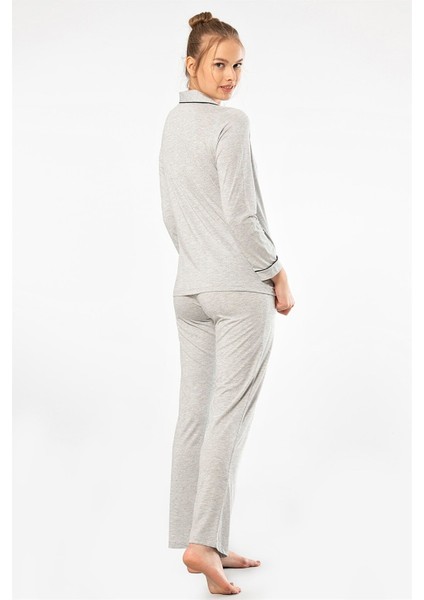 3365 Gri Kadın Düz Uzun Kollu Gömlek Yaka Pijama Takım fırsatları