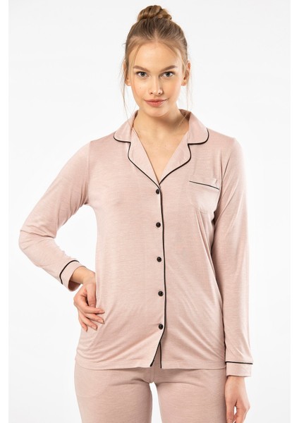 3365 Pudra Kadın Düz Uzun Kollu Gömlek Yaka Pijama Takım