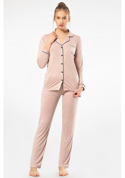 3365 Pudra Kadın Düz Uzun Kollu Gömlek Yaka Pijama Takım modelleri