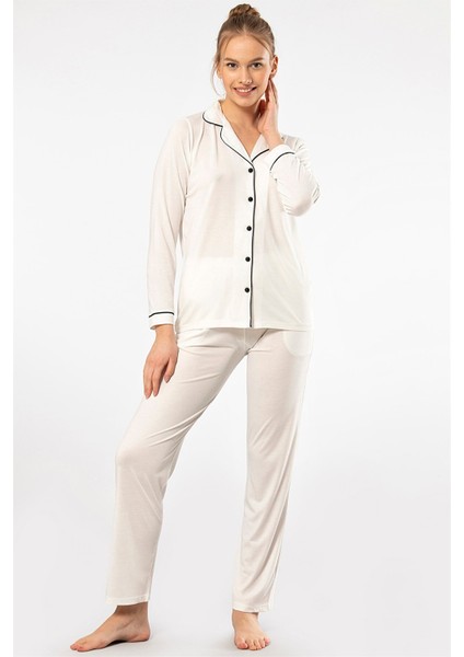 3365 Ekru Kadın Düz Uzun Kollu Gömlek Yaka Pijama Takım fiyatları