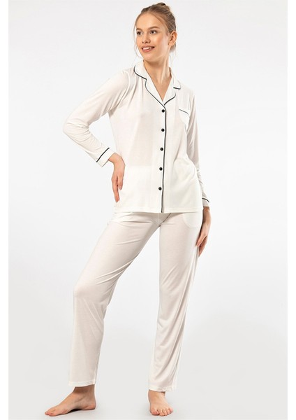 3365 Ekru Kadın Düz Uzun Kollu Gömlek Yaka Pijama Takım modelleri