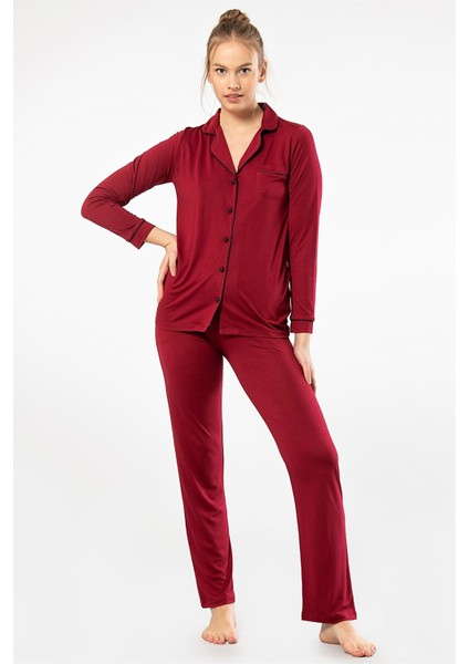 3365 Bordo Kadın Düz Uzun Kollu Gömlek Yaka Pijama Takım